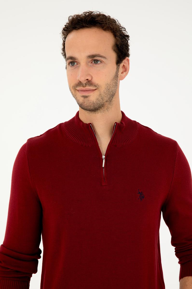 Erkek Slim Fit Yarım Fermuarlı Bordo Basic Kazak