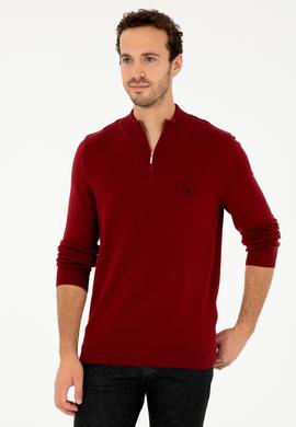 Erkek Slim Fit Yarım Fermuarlı Bordo Basic Kazak - 50293517033