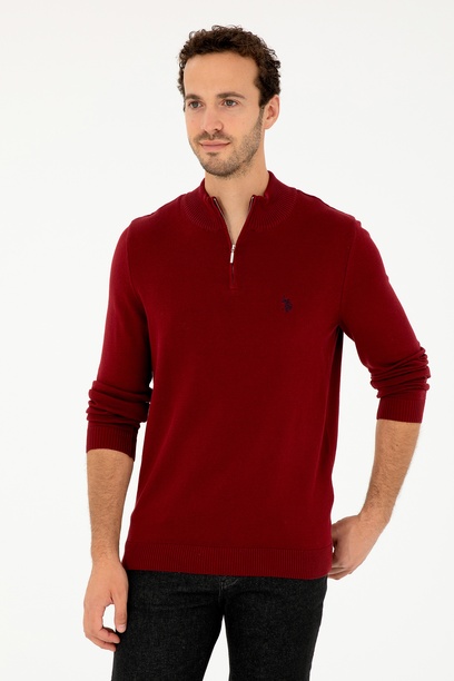 Erkek Slim Fit Yarım Fermuarlı Bordo Basic Kazak