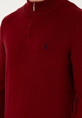 Erkek Slim Fit Yarım Fermuarlı Bordo Basic Kazak - 50293517033