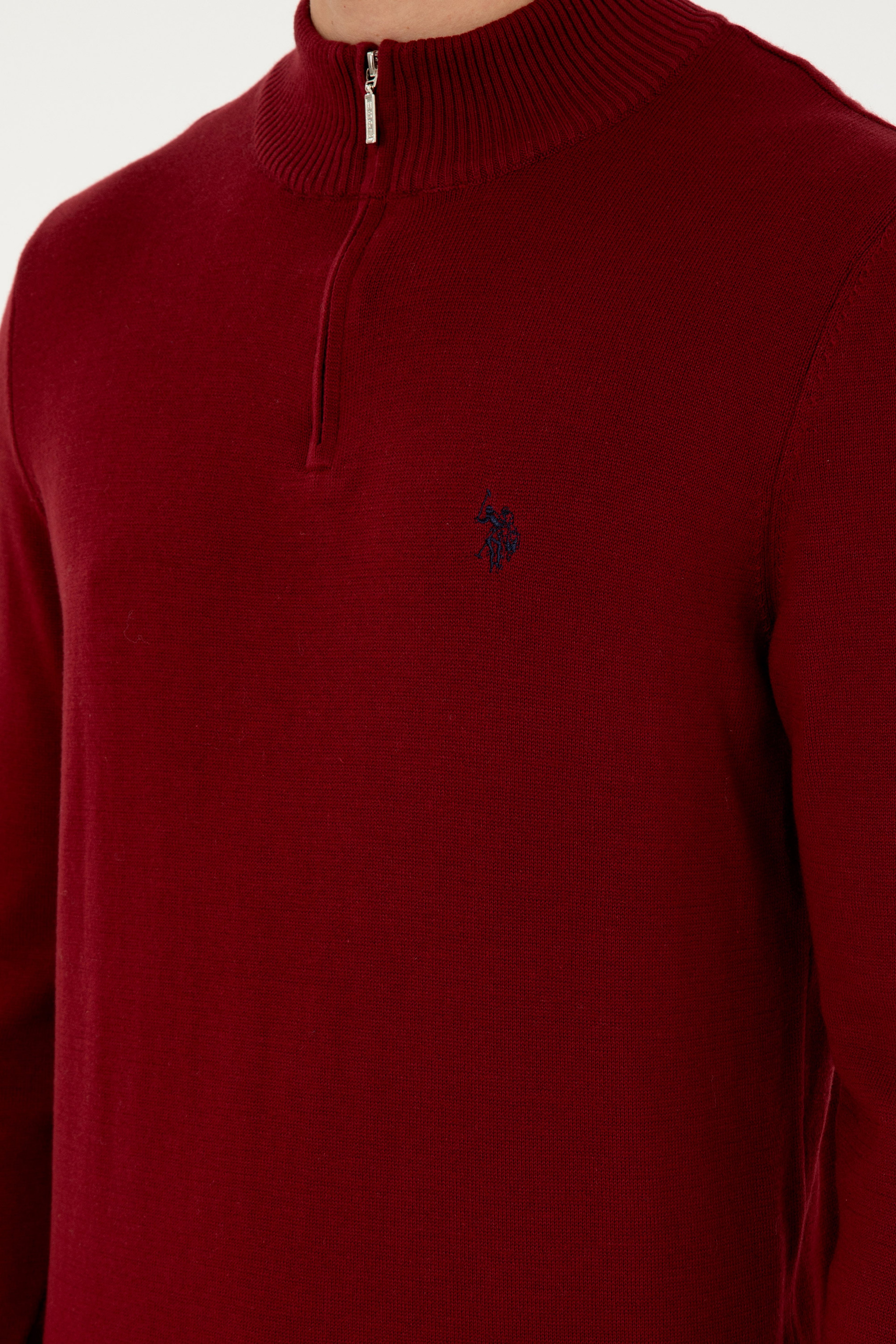 Erkek Slim Fit Yarım Fermuarlı Bordo Basic Kazak - Image 7