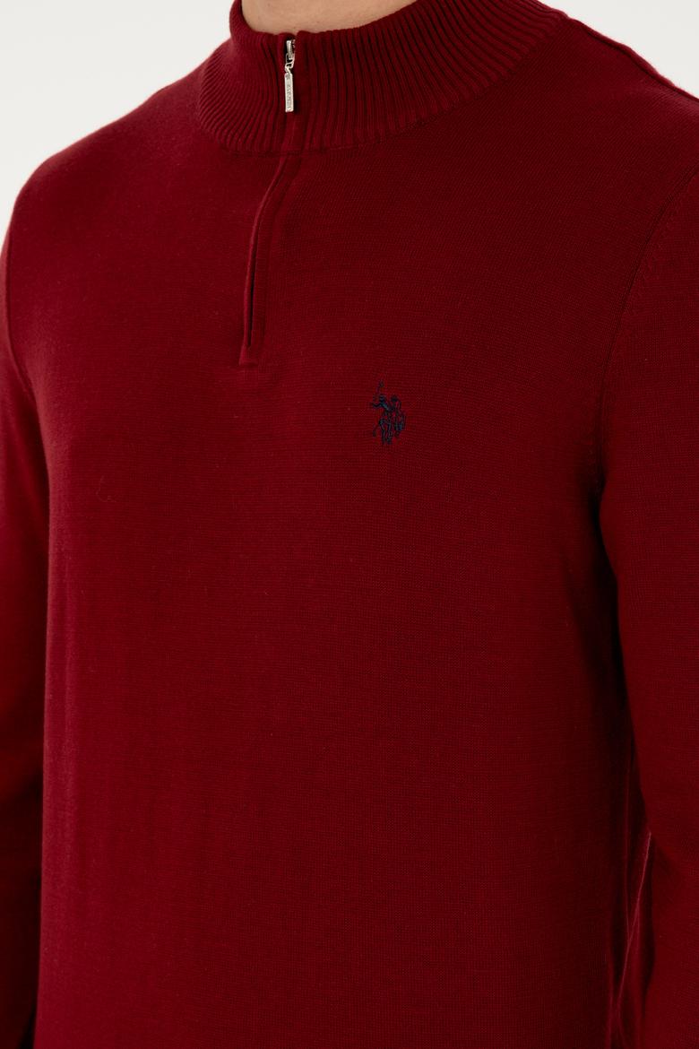 Erkek Slim Fit Yarım Fermuarlı Bordo Basic Kazak - 50293517033