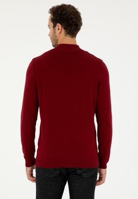 Erkek Slim Fit Yarım Fermuarlı Bordo Basic Kazak - 50293517033