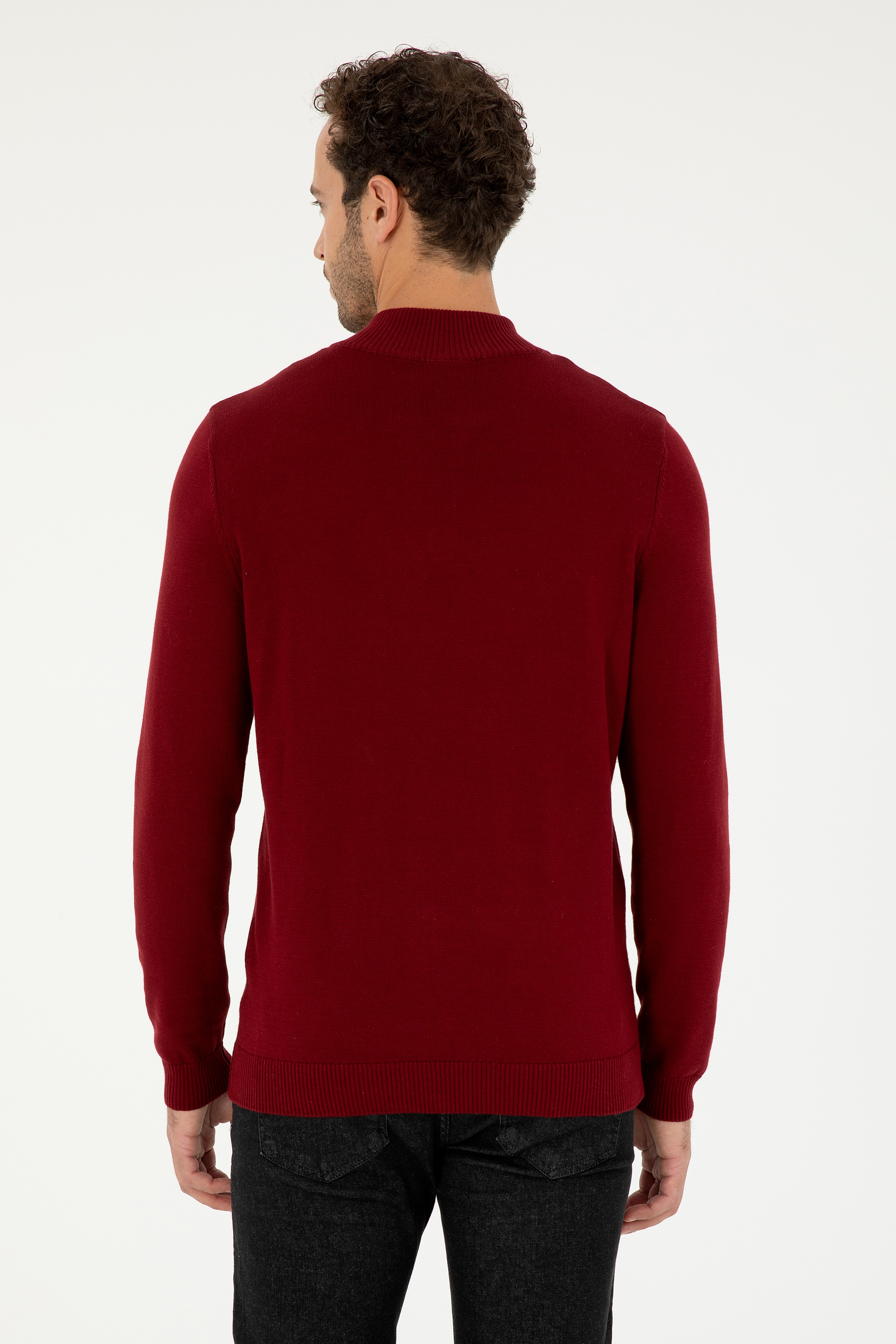 Erkek Slim Fit Yarım Fermuarlı Bordo Basic Kazak - Image 5