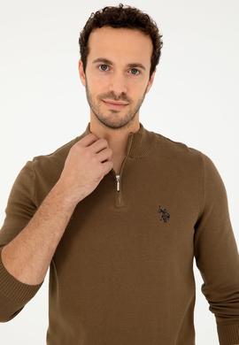Erkek Slim Fit Yarım Fermuarlı Haki Basic Kazak - 50293517050