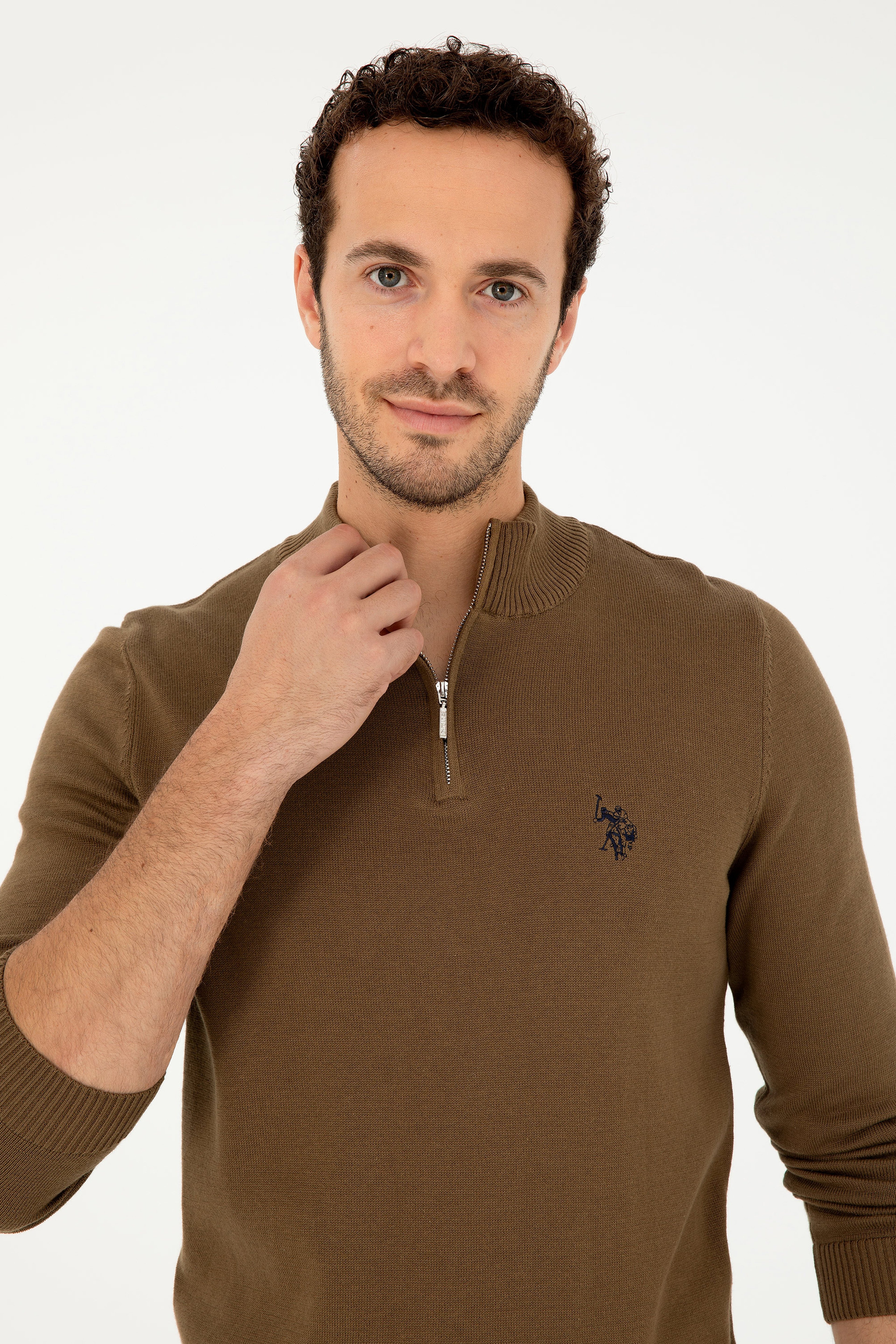 Erkek Slim Fit Yarım Fermuarlı Haki Basic Kazak
