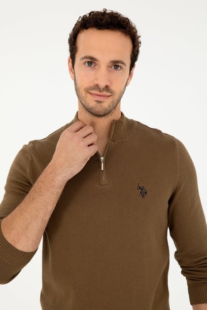 Erkek Slim Fit Yarım Fermuarlı Haki Basic Kazak