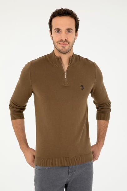 Erkek Slim Fit Yarım Fermuarlı Haki Basic Kazak