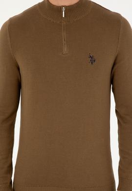 Erkek Slim Fit Yarım Fermuarlı Haki Basic Kazak - 50293517050