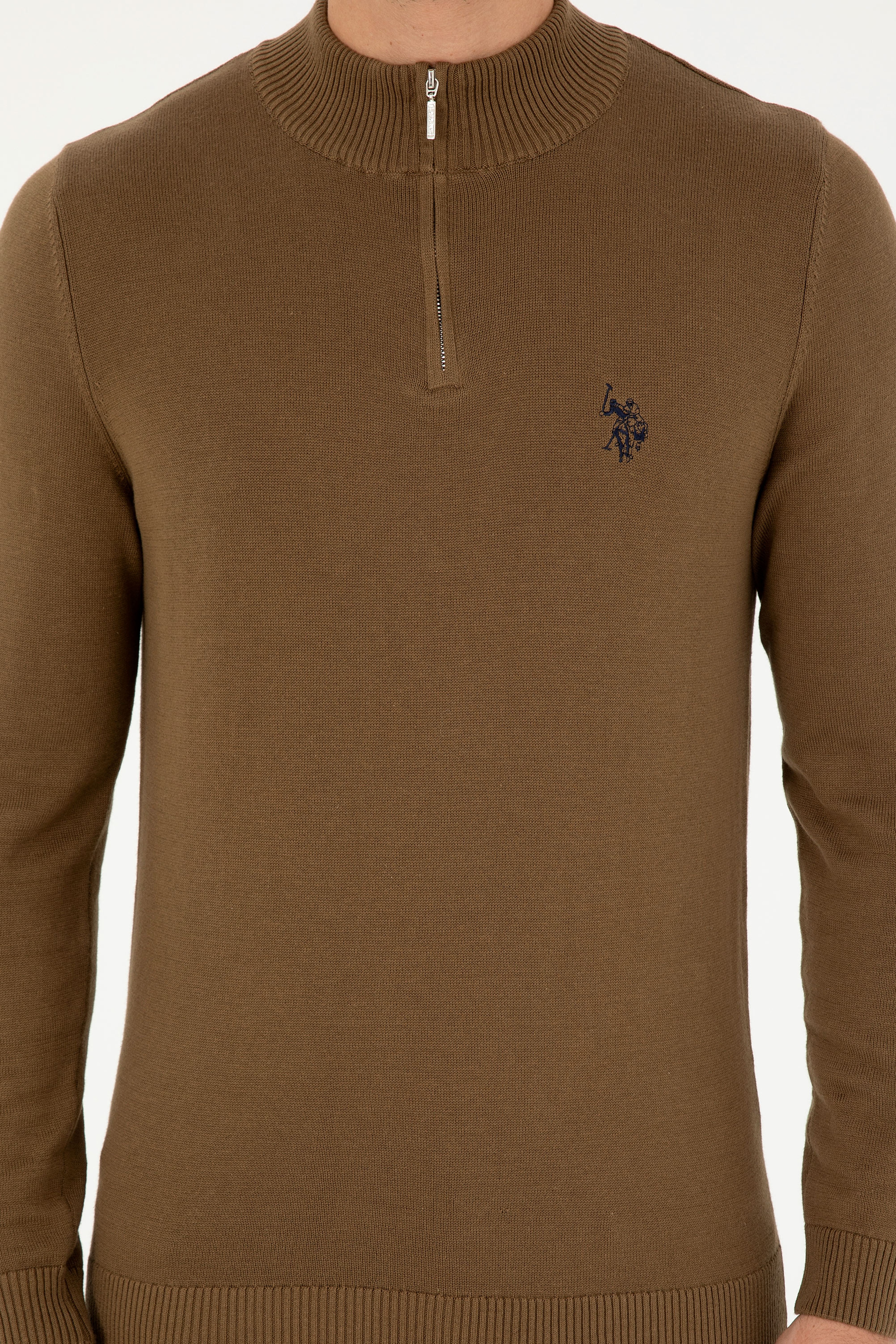 Erkek Slim Fit Yarım Fermuarlı Haki Basic Kazak