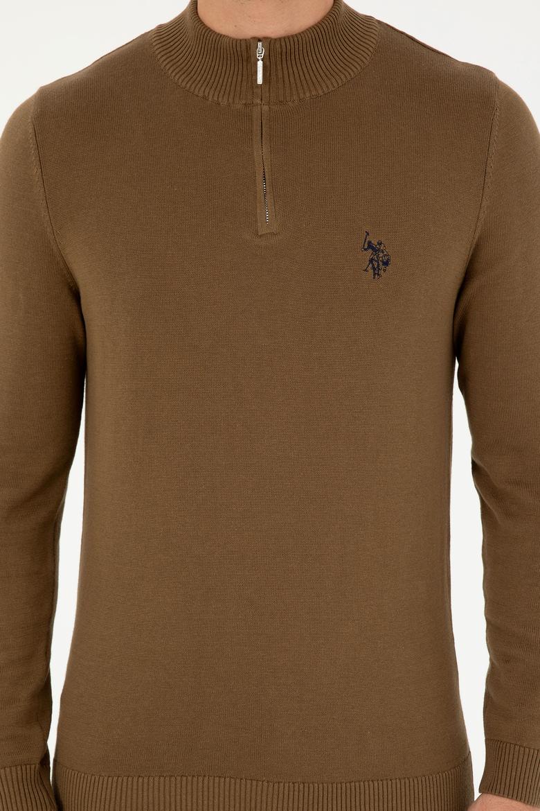 Erkek Slim Fit Yarım Fermuarlı Haki Basic Kazak - 50293517050