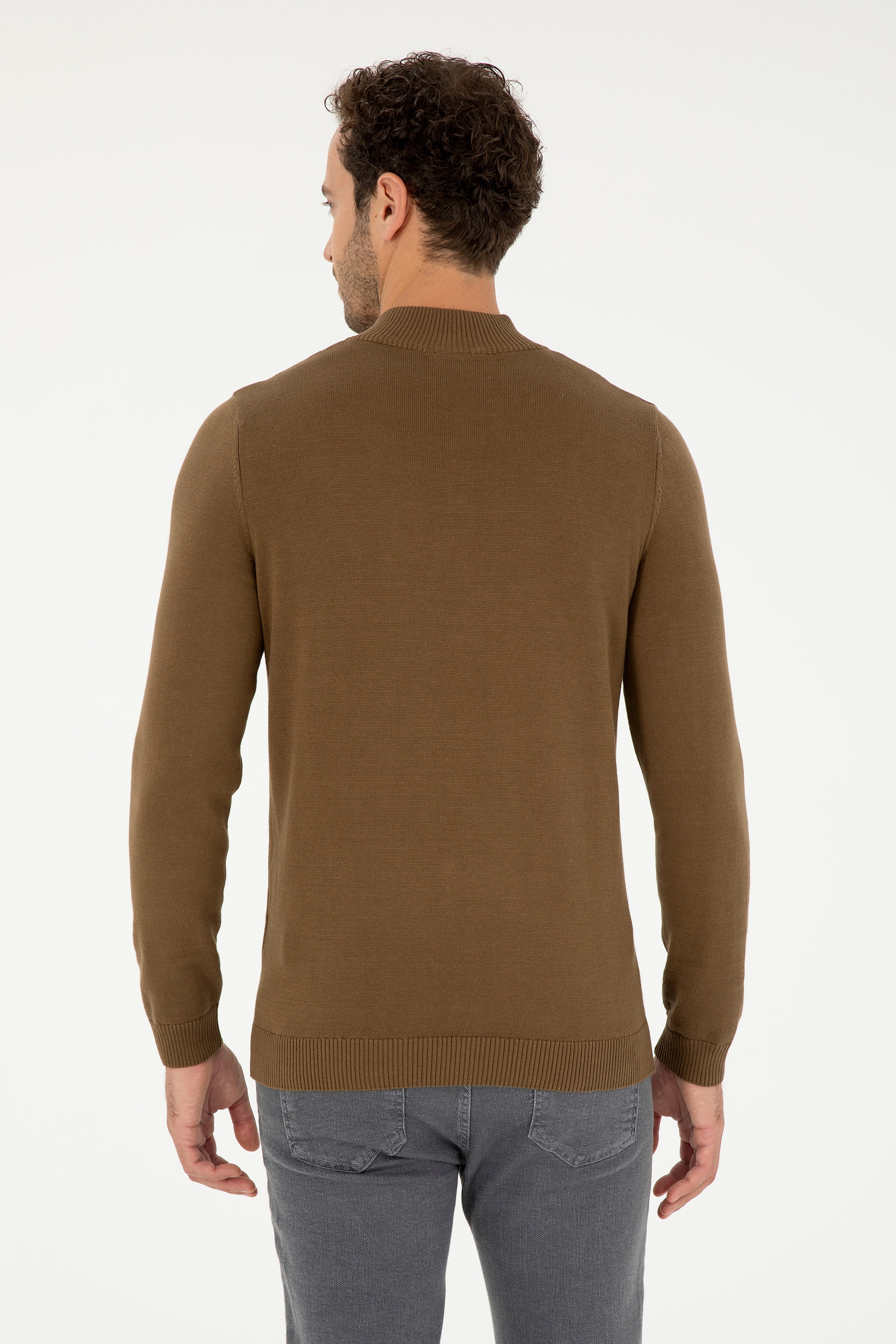 Erkek Slim Fit Yarım Fermuarlı Haki Basic Kazak - Image 5