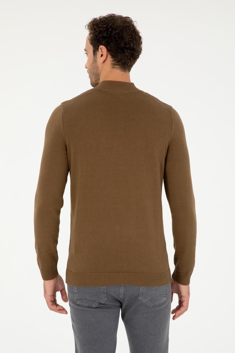 Erkek Slim Fit Yarım Fermuarlı Haki Basic Kazak - 50293517050