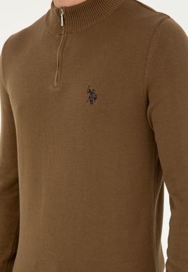 Erkek Slim Fit Yarım Fermuarlı Haki Basic Kazak - 50293517050