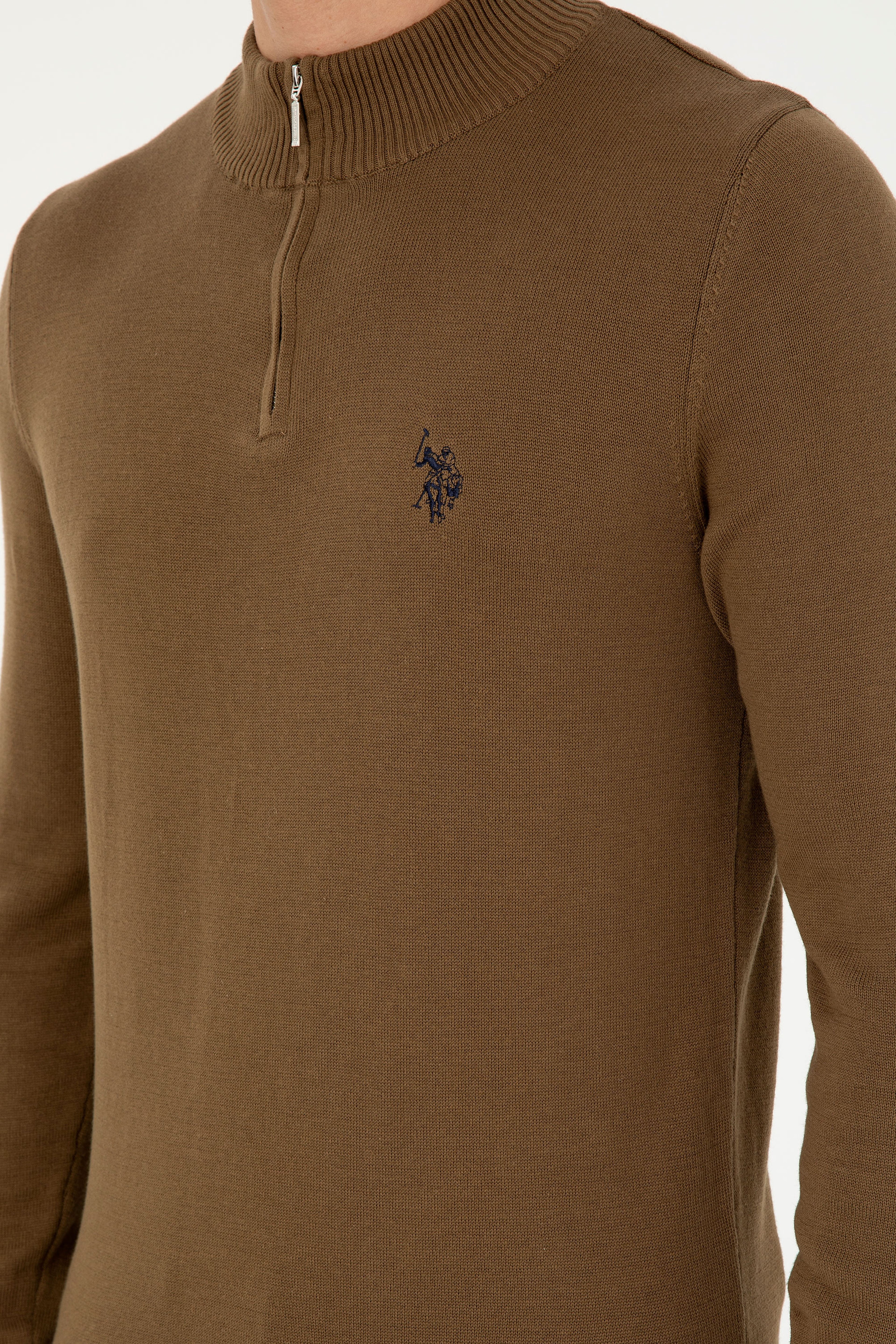 Erkek Slim Fit Yarım Fermuarlı Haki Basic Kazak