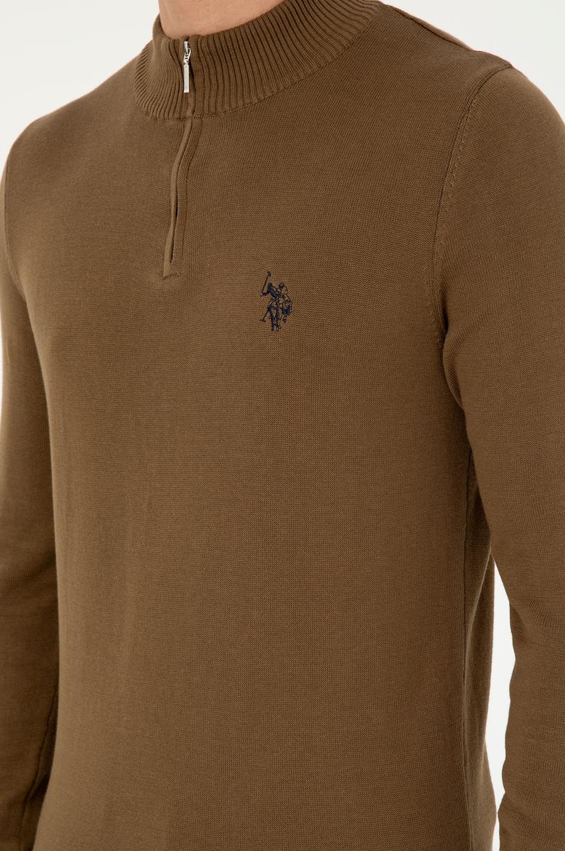 Erkek Slim Fit Yarım Fermuarlı Haki Basic Kazak