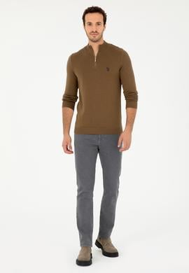 Erkek Slim Fit Yarım Fermuarlı Haki Basic Kazak - 50293517050