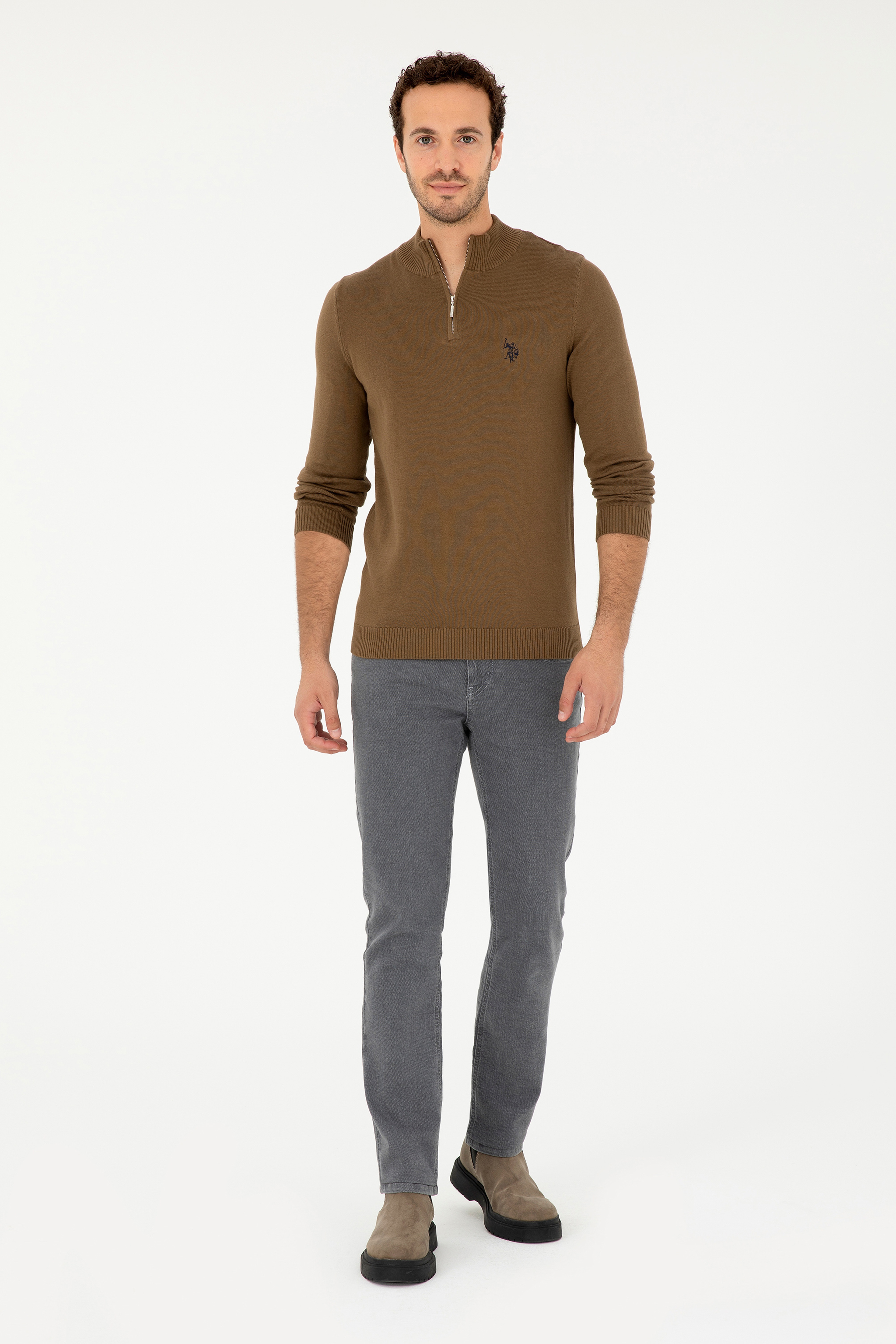 Erkek Slim Fit Yarım Fermuarlı Haki Basic Kazak