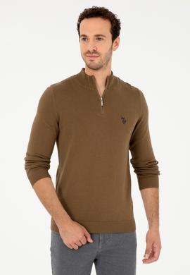 Erkek Slim Fit Yarım Fermuarlı Haki Basic Kazak - 50293517050