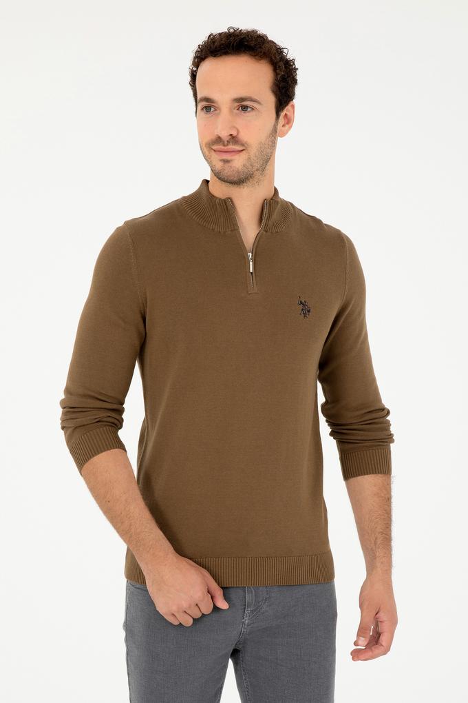 Erkek Slim Fit Yarım Fermuarlı Haki Basic Kazak