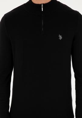 Erkek Slim Fit Yarım Fermuarlı Siyah Basic Kazak - 50293517008