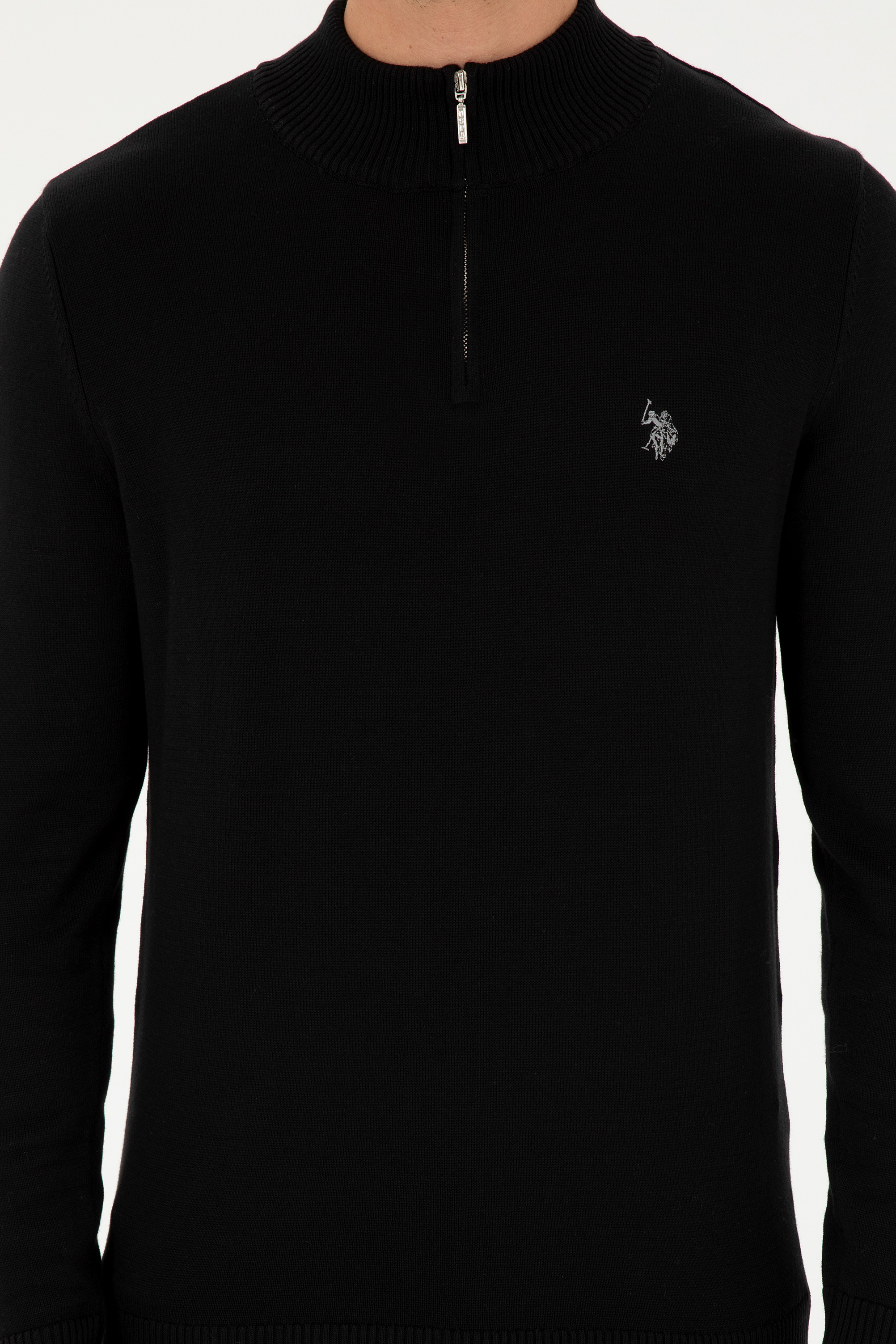 Erkek Slim Fit Yarım Fermuarlı Siyah Basic Kazak