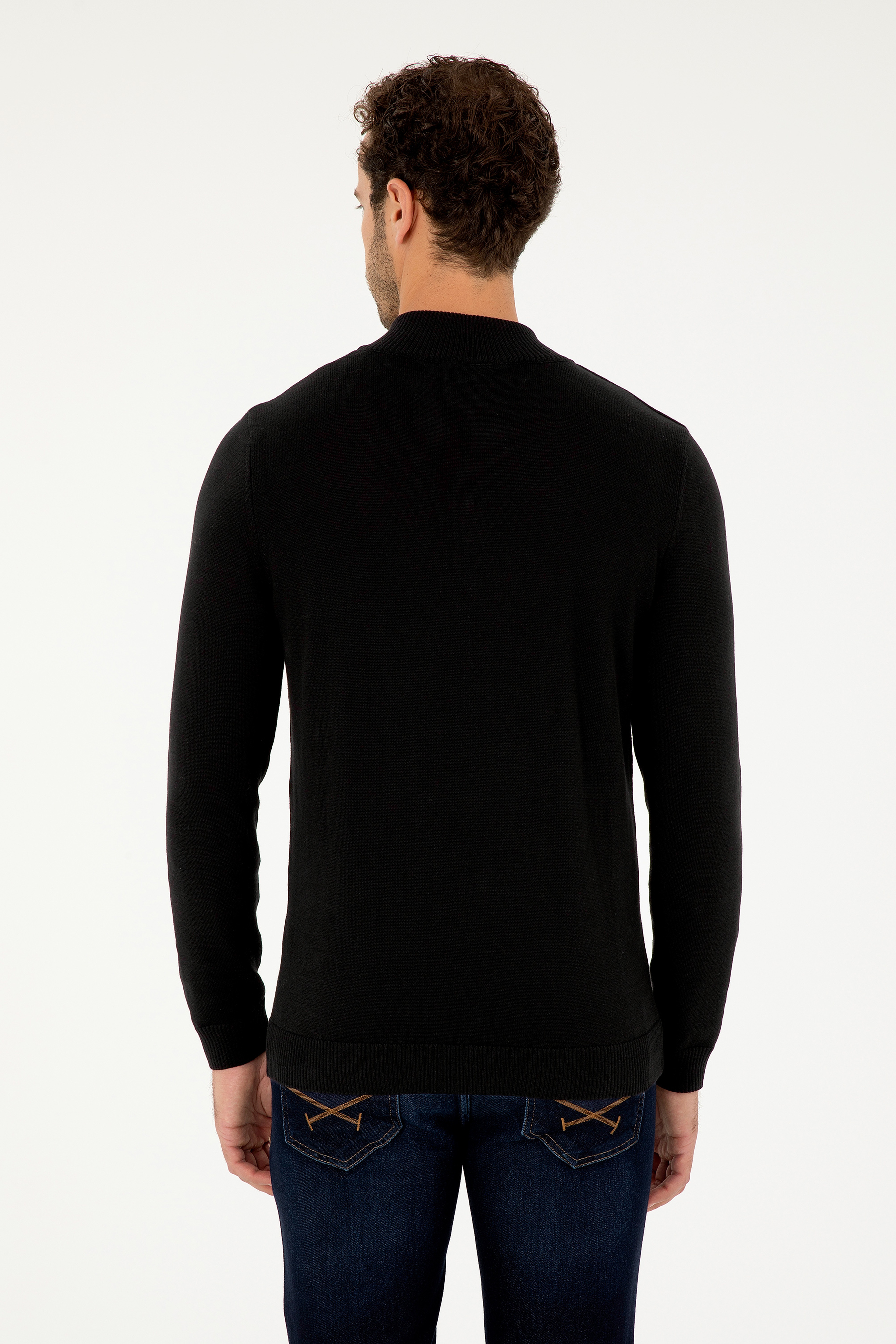 Erkek Slim Fit Yarım Fermuarlı Siyah Basic Kazak - Image 5