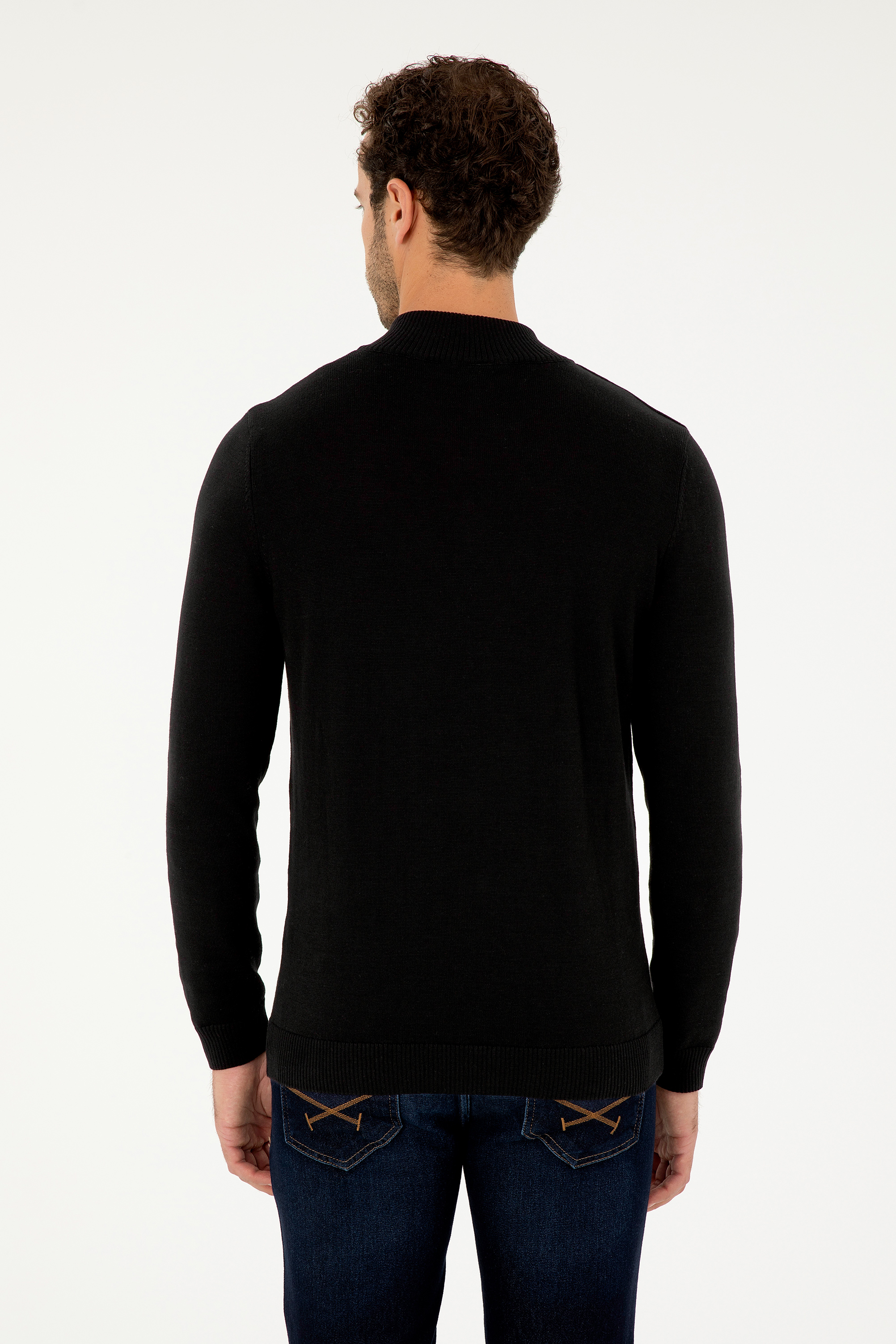 Erkek Slim Fit Yarım Fermuarlı Siyah Basic Kazak