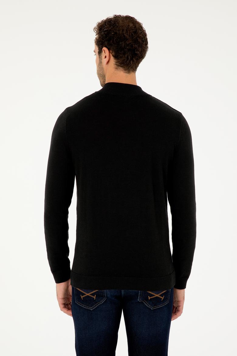 Erkek Slim Fit Yarım Fermuarlı Siyah Basic Kazak - 50293517008