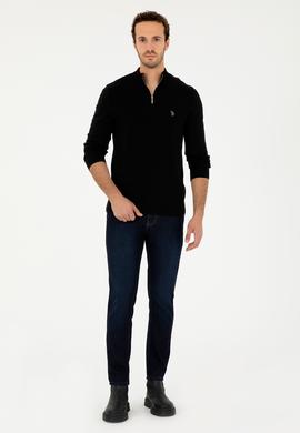 Erkek Slim Fit Yarım Fermuarlı Siyah Basic Kazak - 50293517008