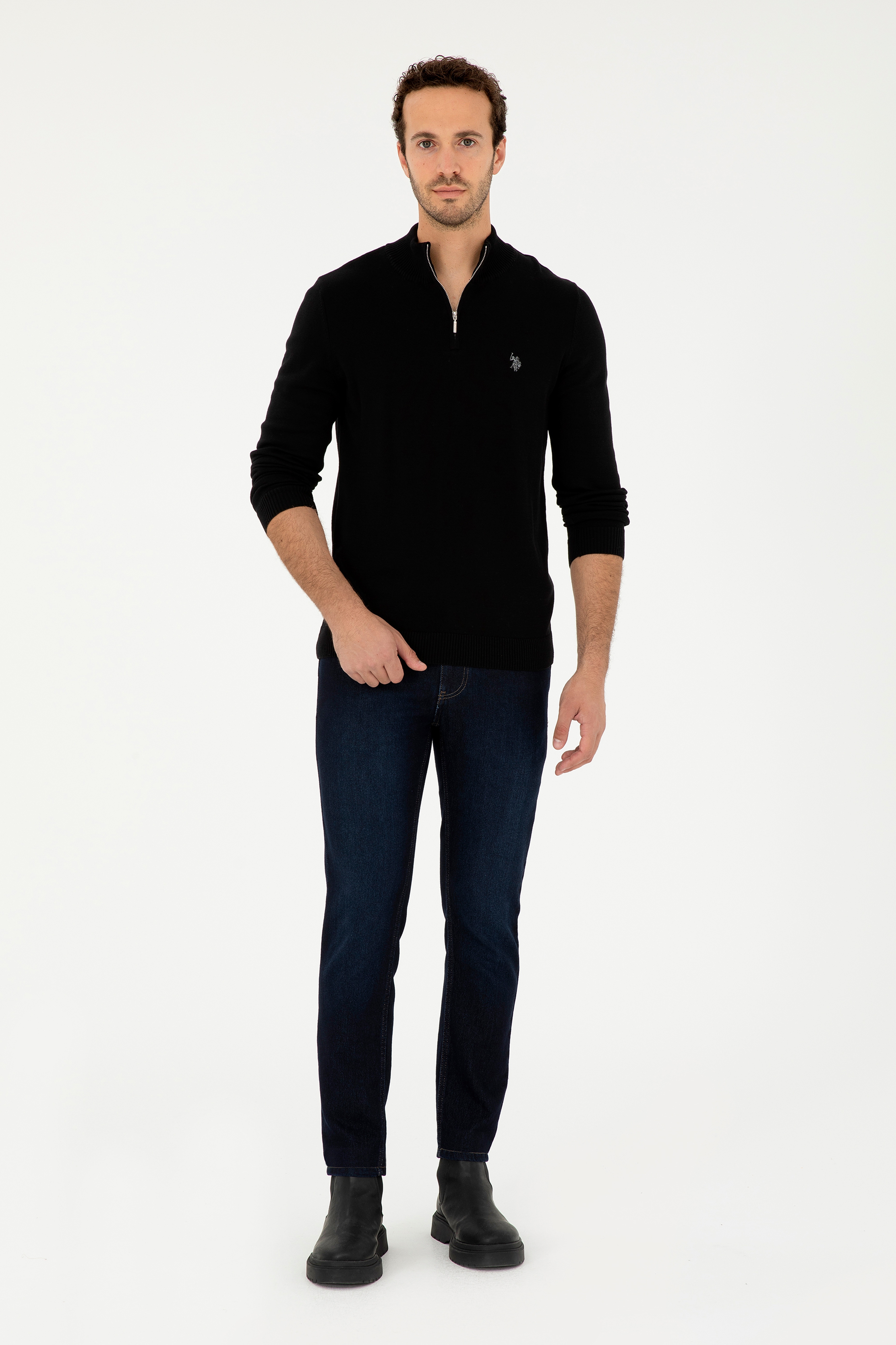 Erkek Slim Fit Yarım Fermuarlı Siyah Basic Kazak - Image 4