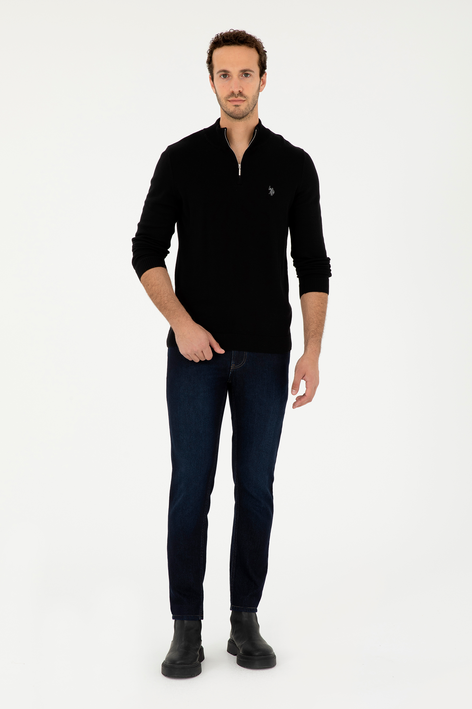 Erkek Slim Fit Yarım Fermuarlı Siyah Basic Kazak