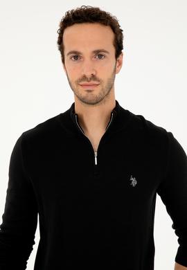 Erkek Slim Fit Yarım Fermuarlı Siyah Basic Kazak - 50293517008