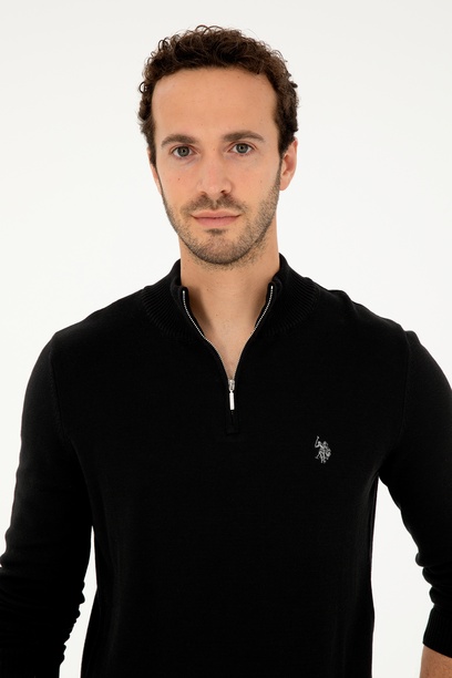 Erkek Slim Fit Yarım Fermuarlı Siyah Basic Kazak