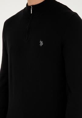 Erkek Slim Fit Yarım Fermuarlı Siyah Basic Kazak - 50293517008