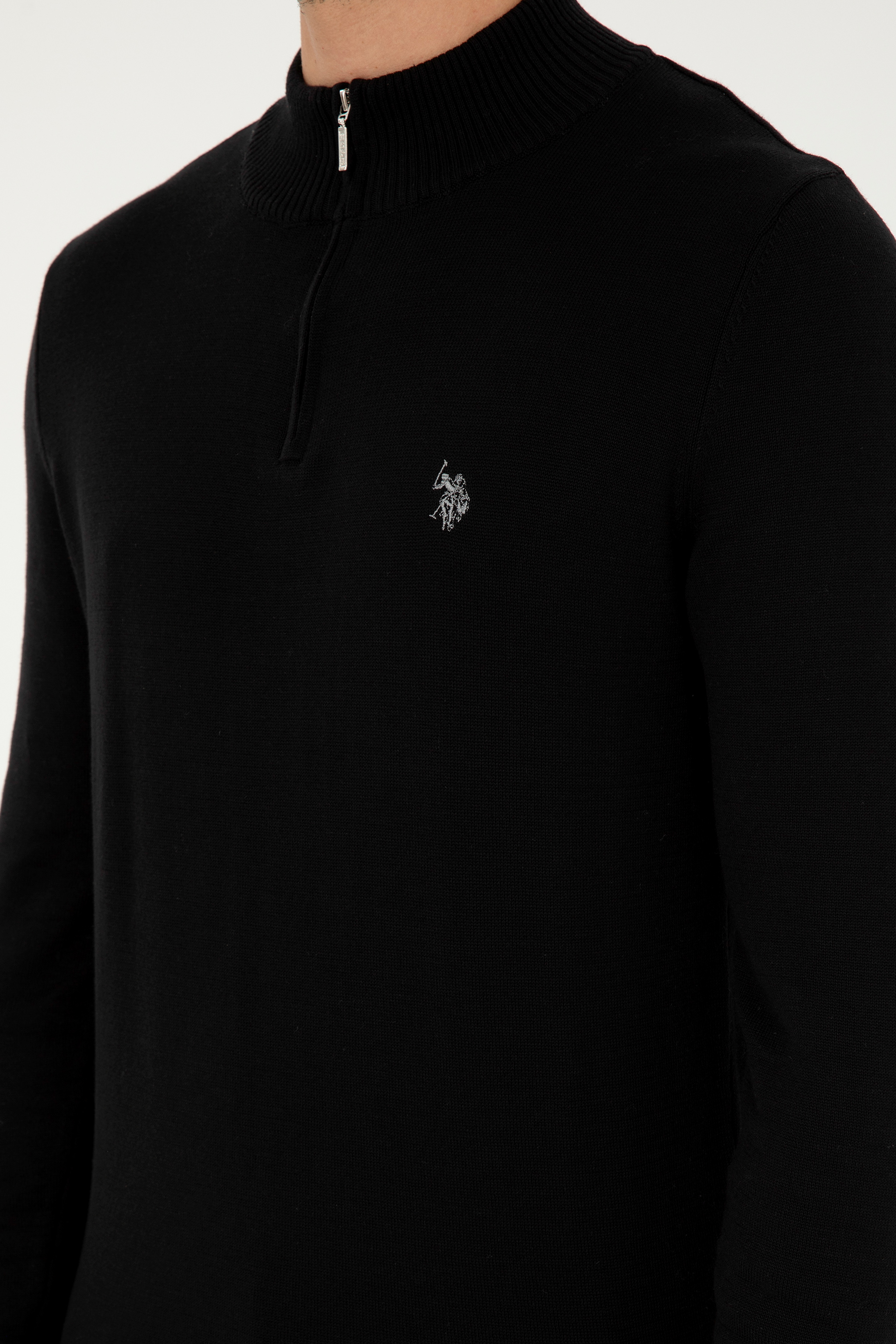 Erkek Slim Fit Yarım Fermuarlı Siyah Basic Kazak - Image 7