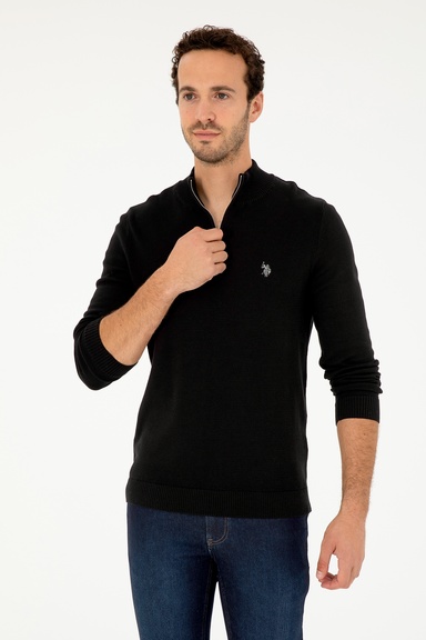 Erkek Slim Fit Yarım Fermuarlı Siyah Basic Kazak