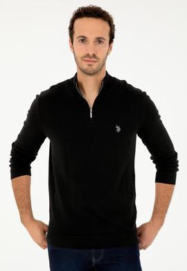 Erkek Slim Fit Yarım Fermuarlı Siyah Basic Kazak - 50293517008