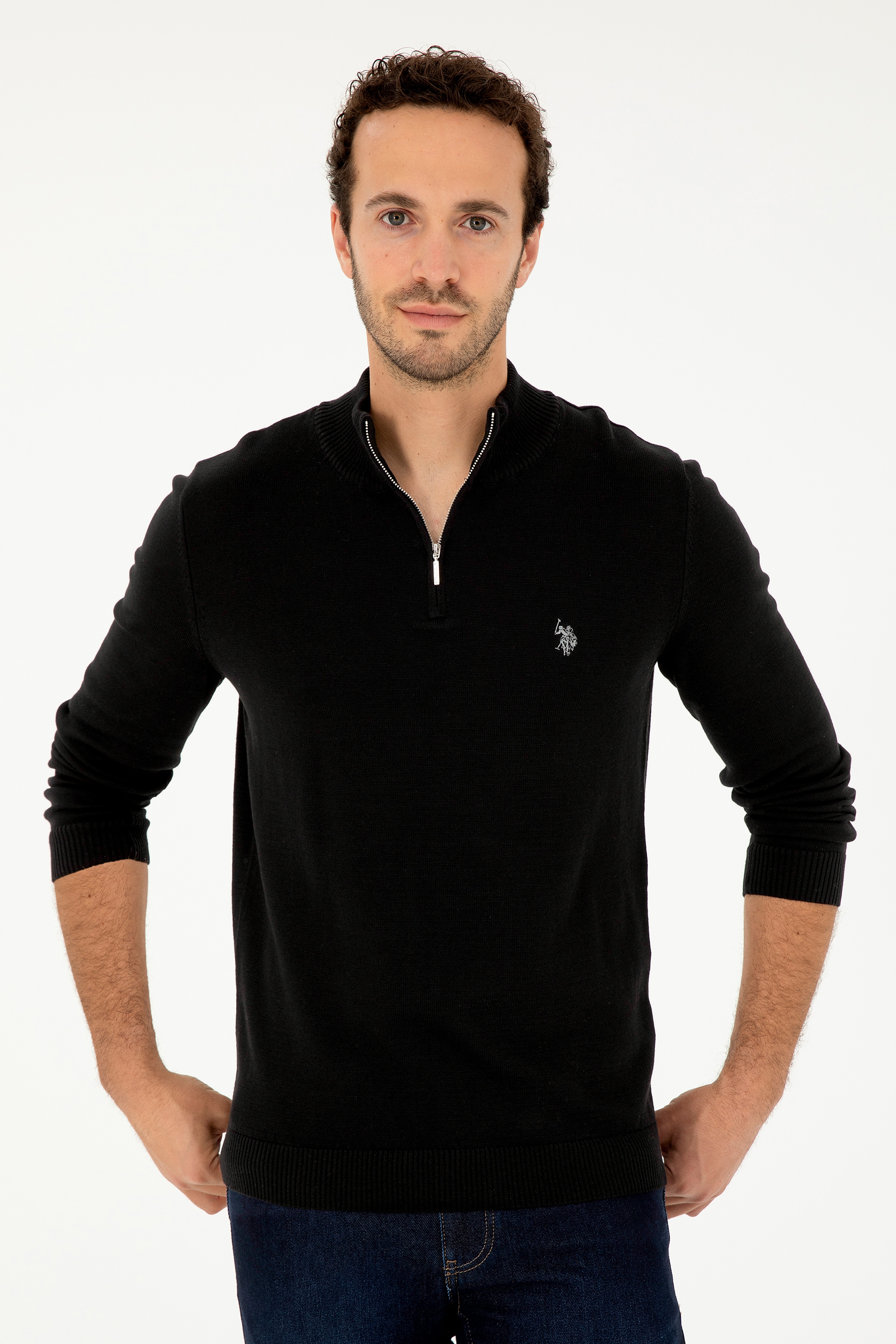 Erkek Slim Fit Yarım Fermuarlı Siyah Basic Kazak - Image 3