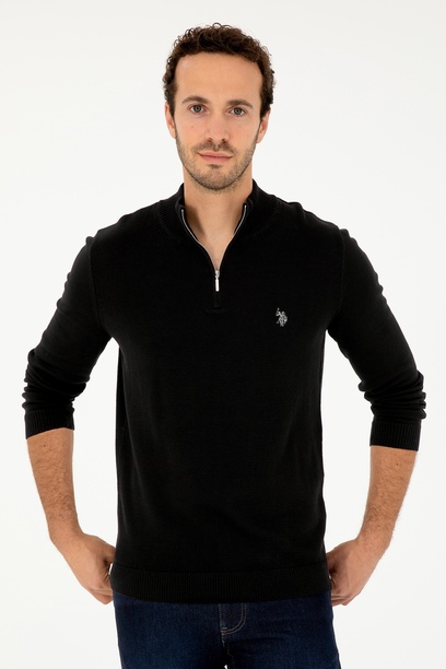 Erkek Slim Fit Yarım Fermuarlı Siyah Basic Kazak