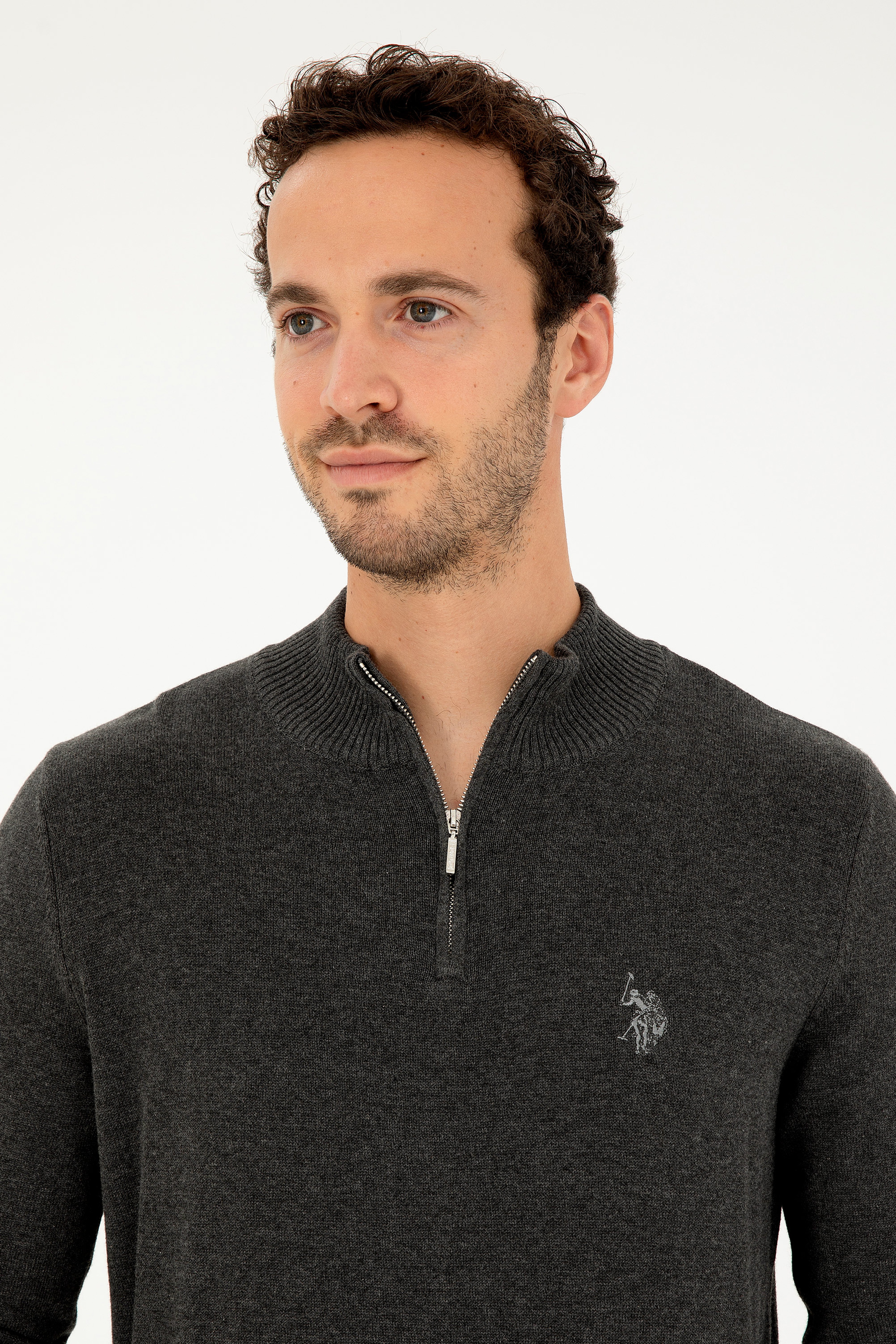 Erkek Slim Fit Yarım Fermuarlı Antrasit Melanj Basic Kazak