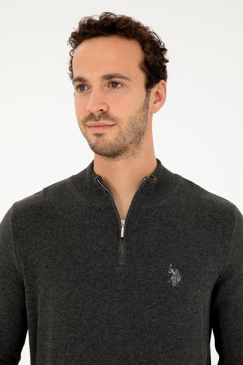 Erkek Slim Fit Yarım Fermuarlı Antrasit Melanj Basic Kazak - 50293517057