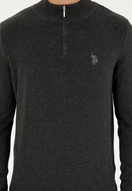 Erkek Slim Fit Yarım Fermuarlı Antrasit Melanj Basic Kazak - 50293517057