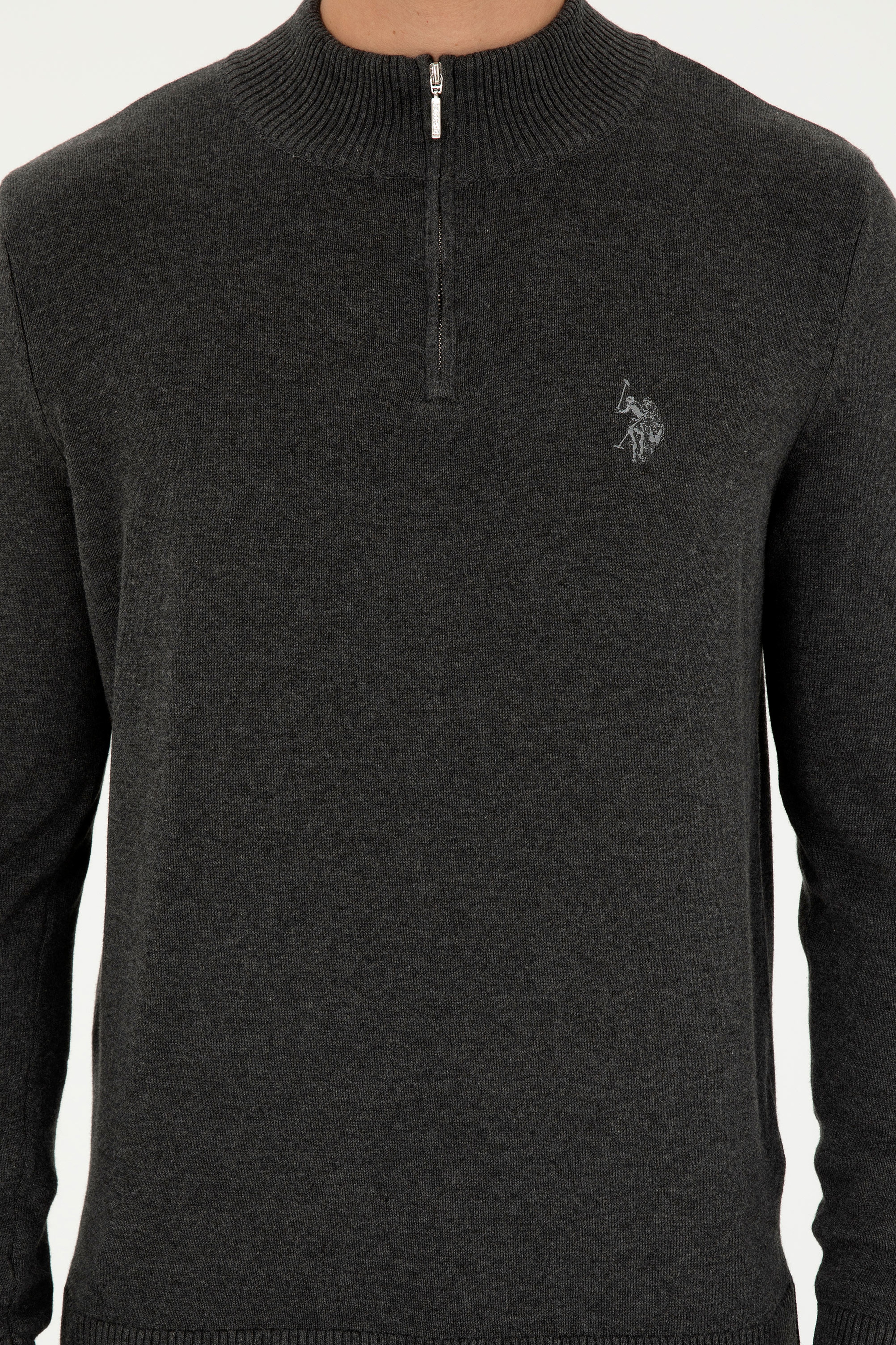 Erkek Slim Fit Yarım Fermuarlı Antrasit Melanj Basic Kazak - Image 6