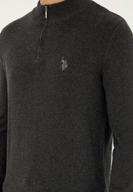 Erkek Slim Fit Yarım Fermuarlı Antrasit Melanj Basic Kazak - 50293517057