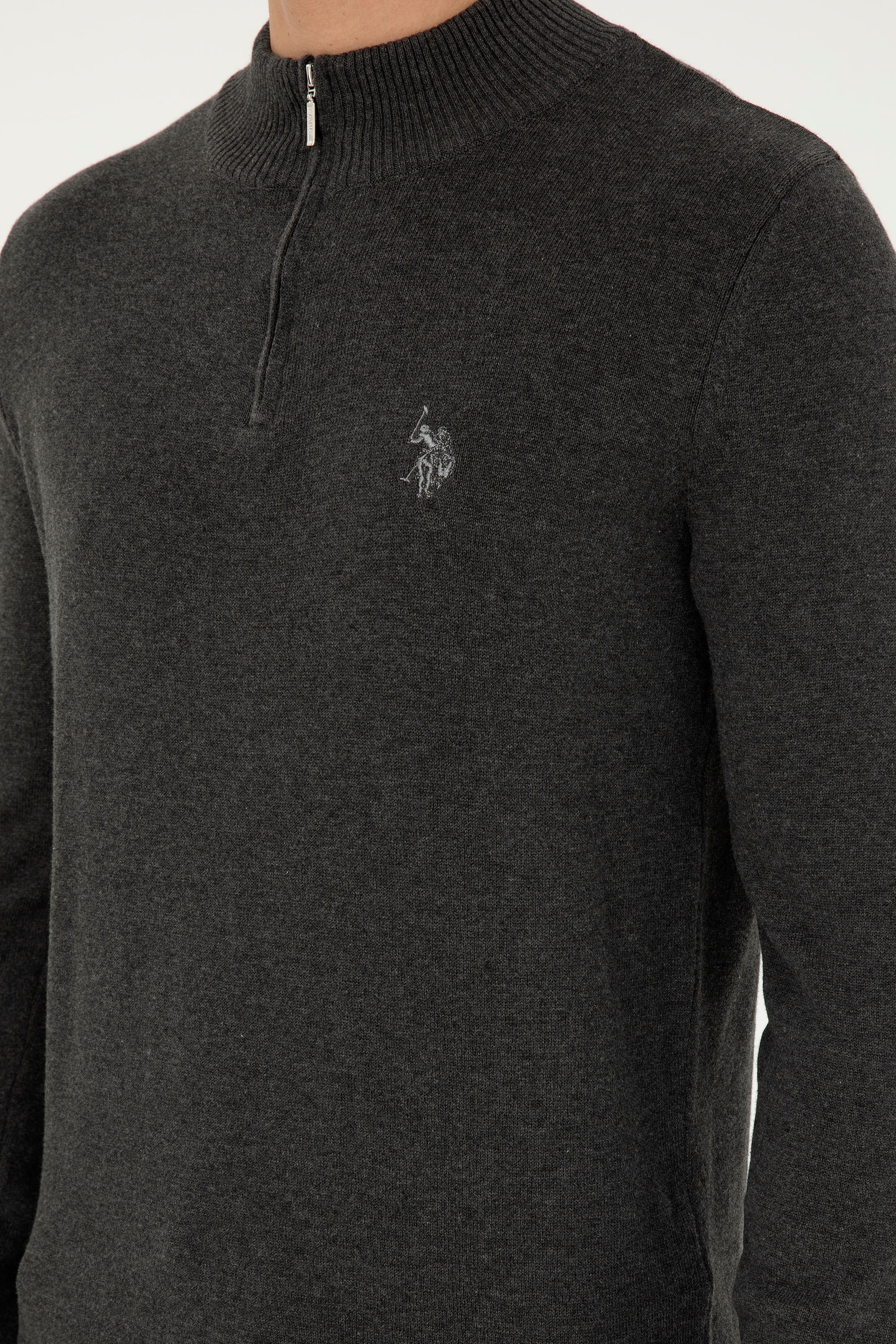 Erkek Slim Fit Yarım Fermuarlı Antrasit Melanj Basic Kazak - Image 7