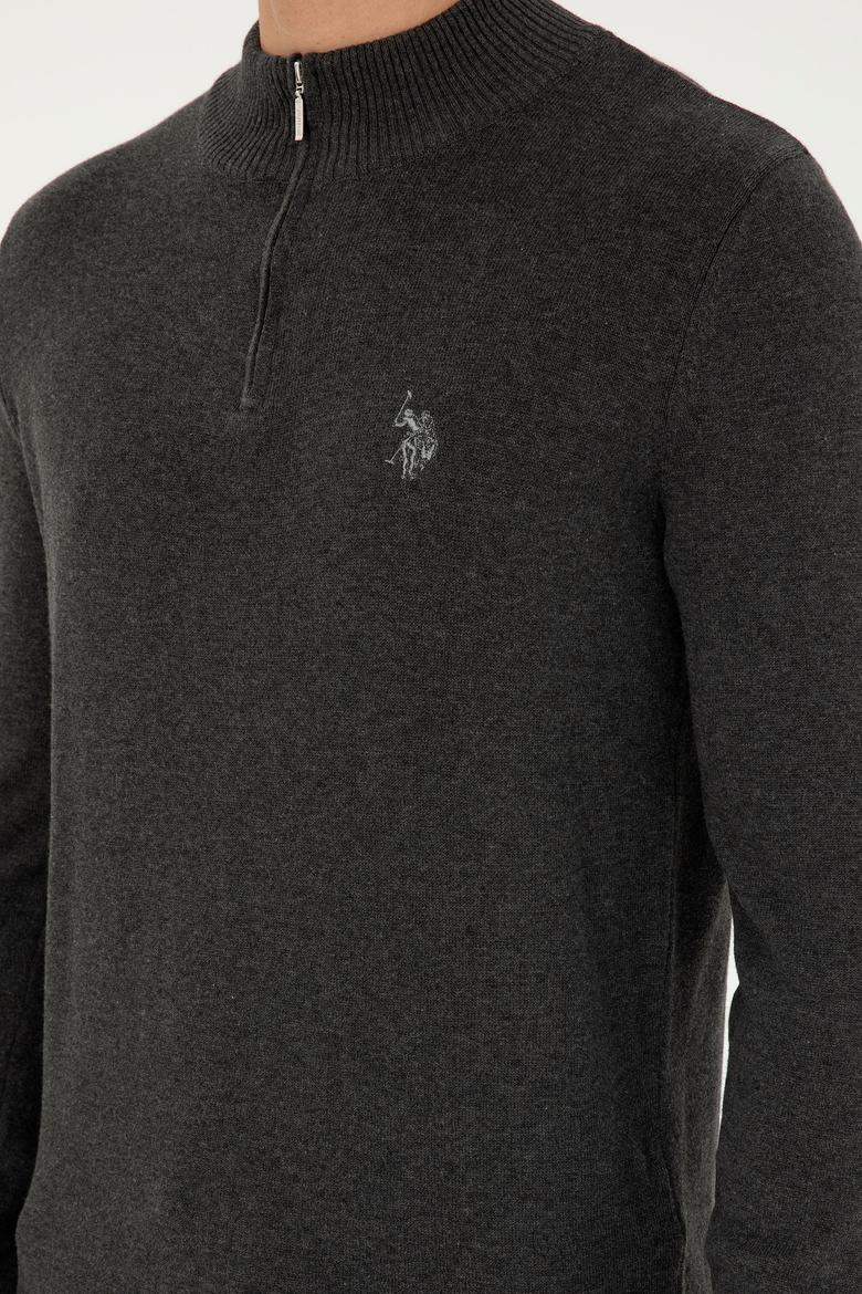 Erkek Slim Fit Yarım Fermuarlı Antrasit Melanj Basic Kazak - 50293517057