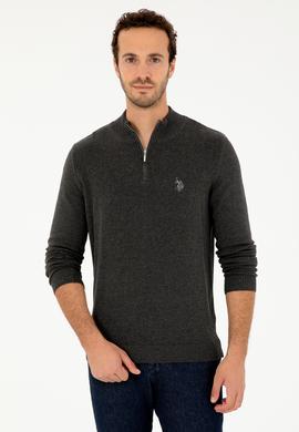 Erkek Slim Fit Yarım Fermuarlı Antrasit Melanj Basic Kazak - 50293517057