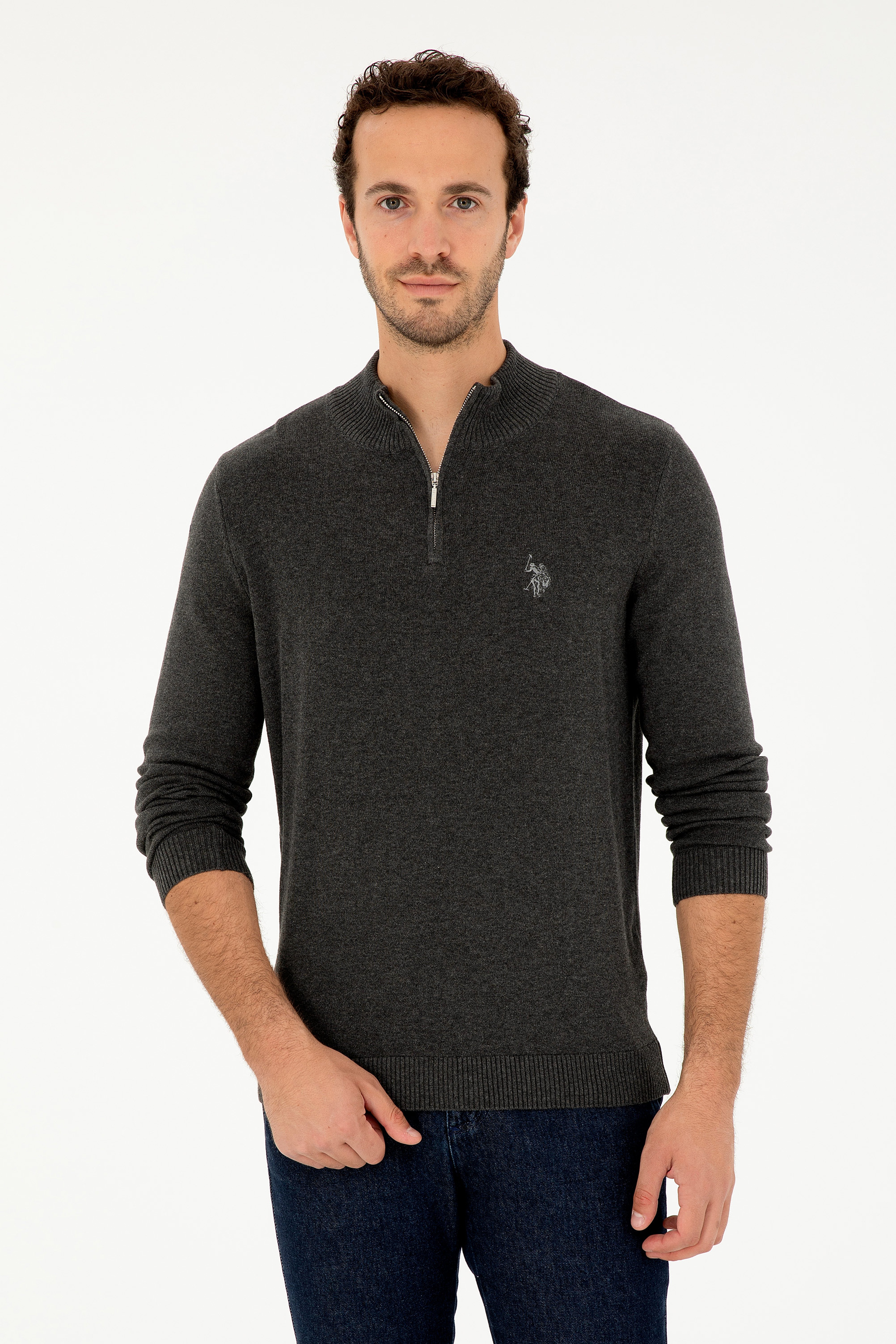 Erkek Slim Fit Yarım Fermuarlı Antrasit Melanj Basic Kazak - Image 1