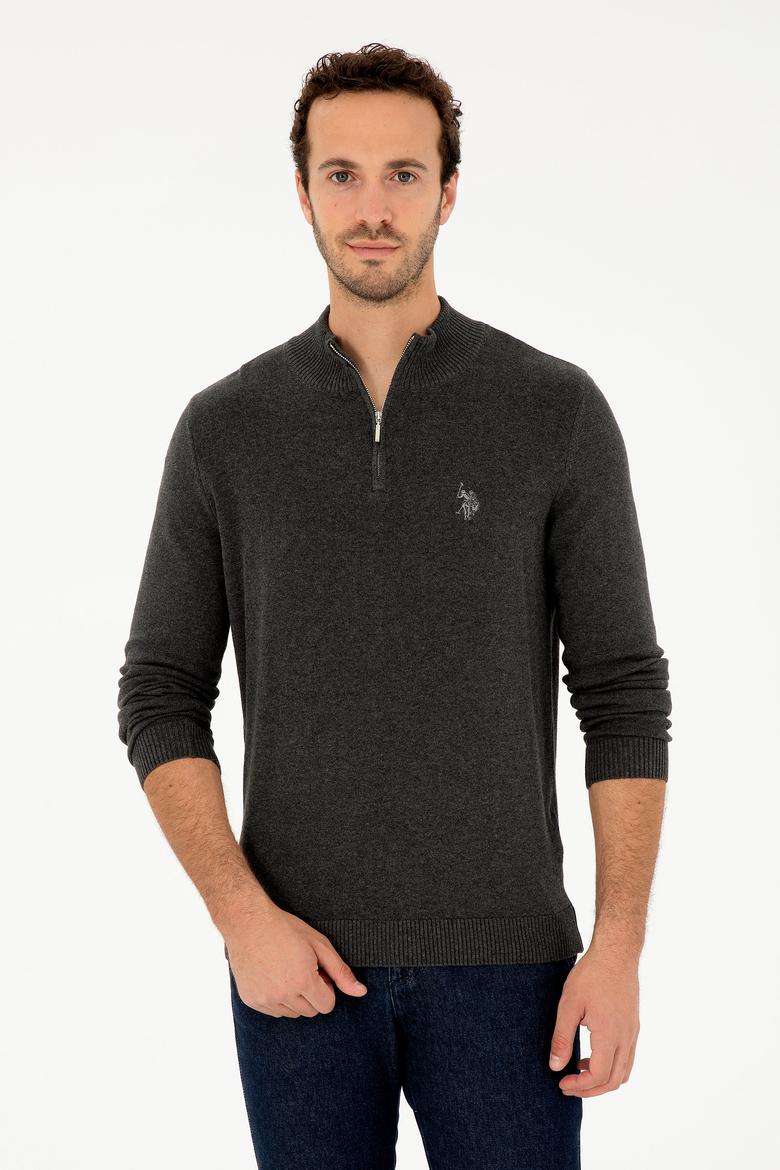 Erkek Slim Fit Yarım Fermuarlı Antrasit Melanj Basic Kazak